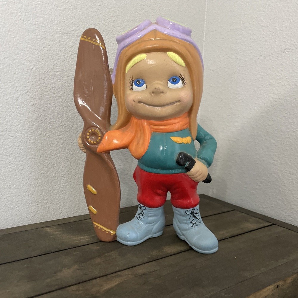 Vintage 1972 Atlantic Mold Ceramic Boy Pilot Aviator Figurine with Propeller